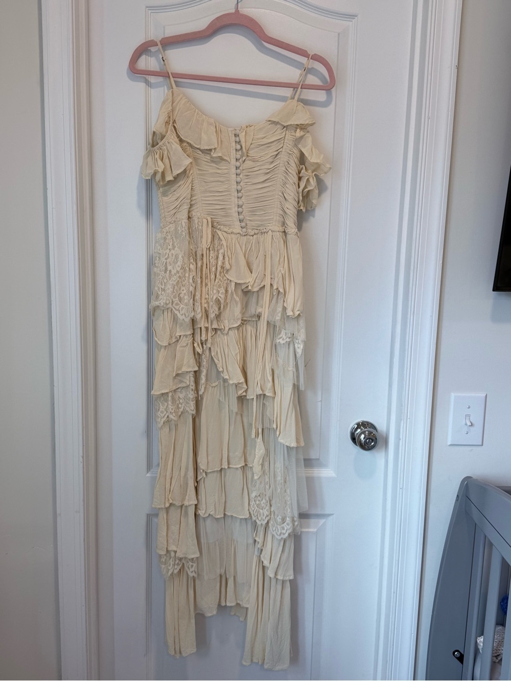 Anthropologie Corset Tiered Ruffle Lace Dress Ivory Cream Maxi Size M - Picture 3 of 5